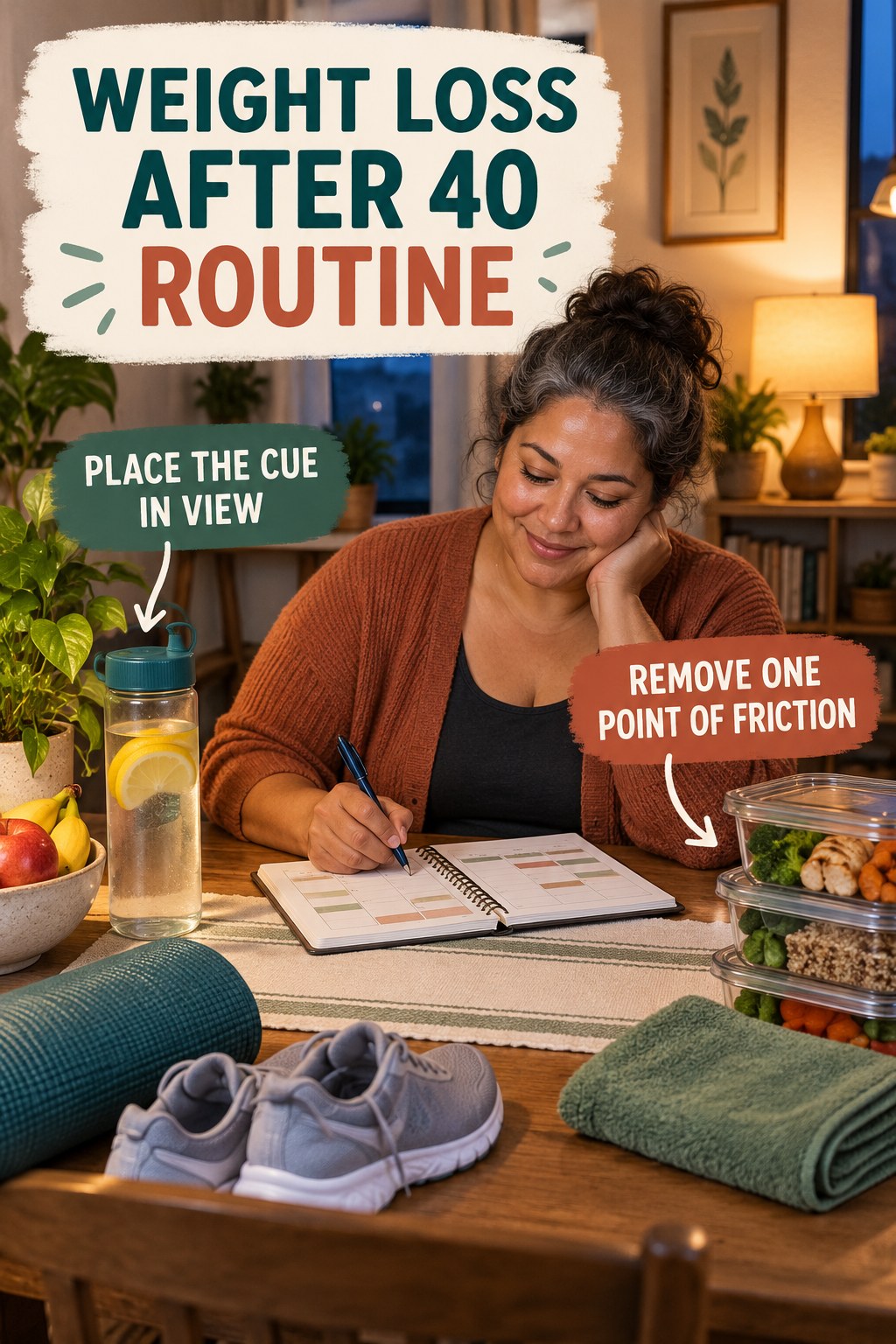 Organized Habit Station for Weight Loss After 40 in a simple weekly planning table, showing a practical, attainable routine with readable guidance.