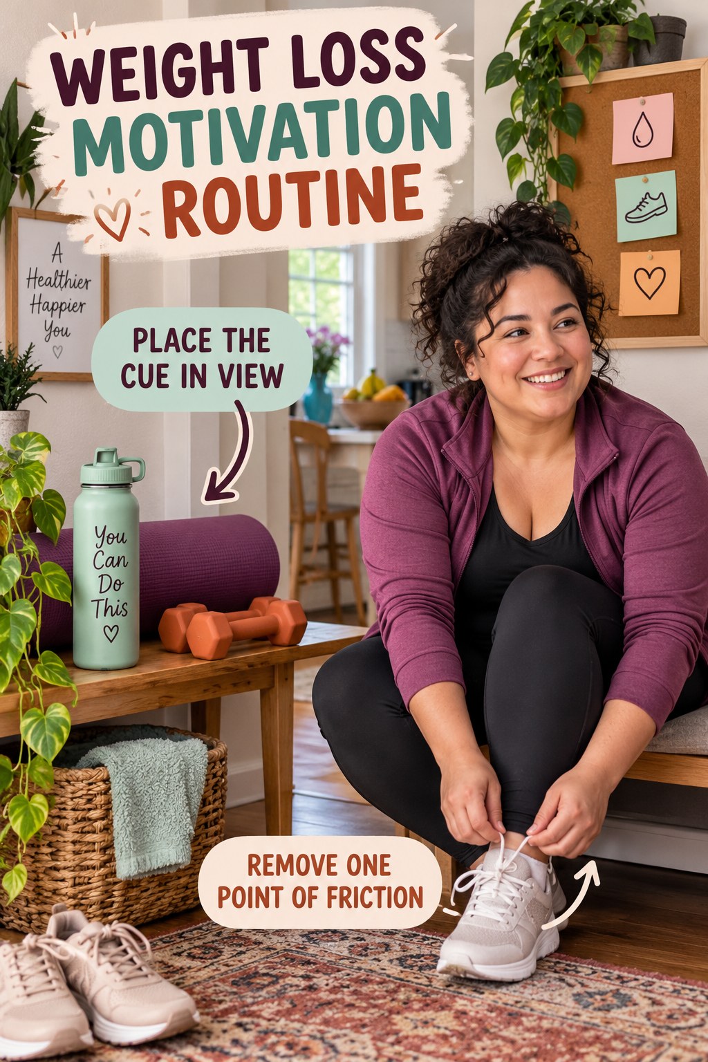 Organized Habit Station for Weight Loss Motivation in an ordinary neighborhood home, showing a practical, attainable routine with readable guidance.