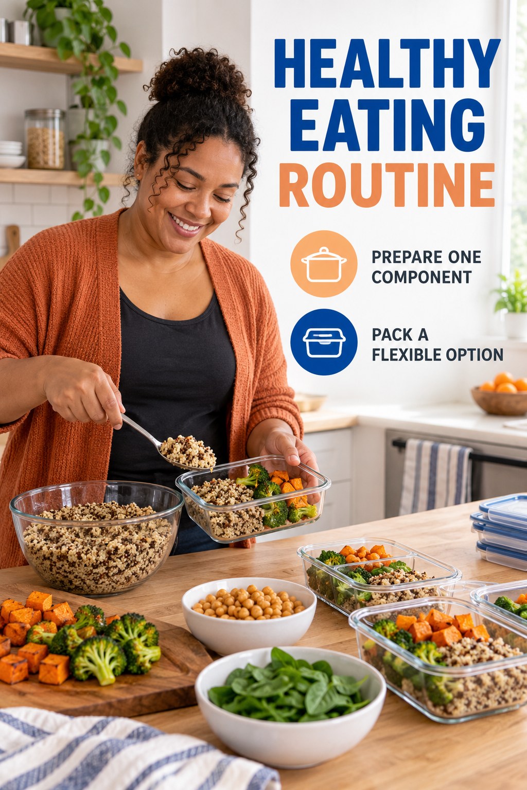 Organized Meal Prep Ritual for Healthy Eating in a normal apartment kitchen, showing a practical, attainable routine with readable guidance.