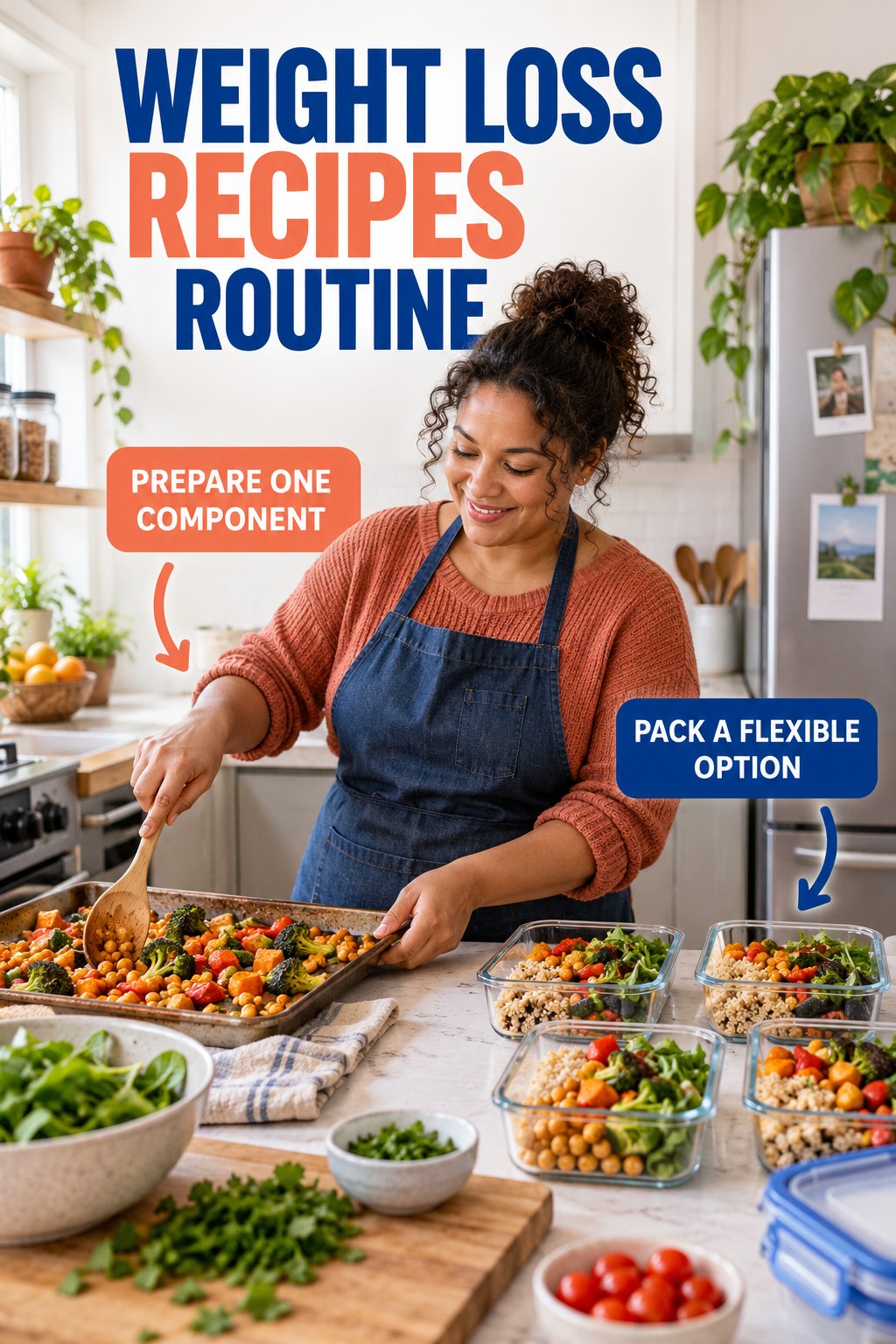 Organized Meal Prep Ritual for Weight Loss Recipes in a normal apartment kitchen, showing a practical, attainable routine with readable guidance.