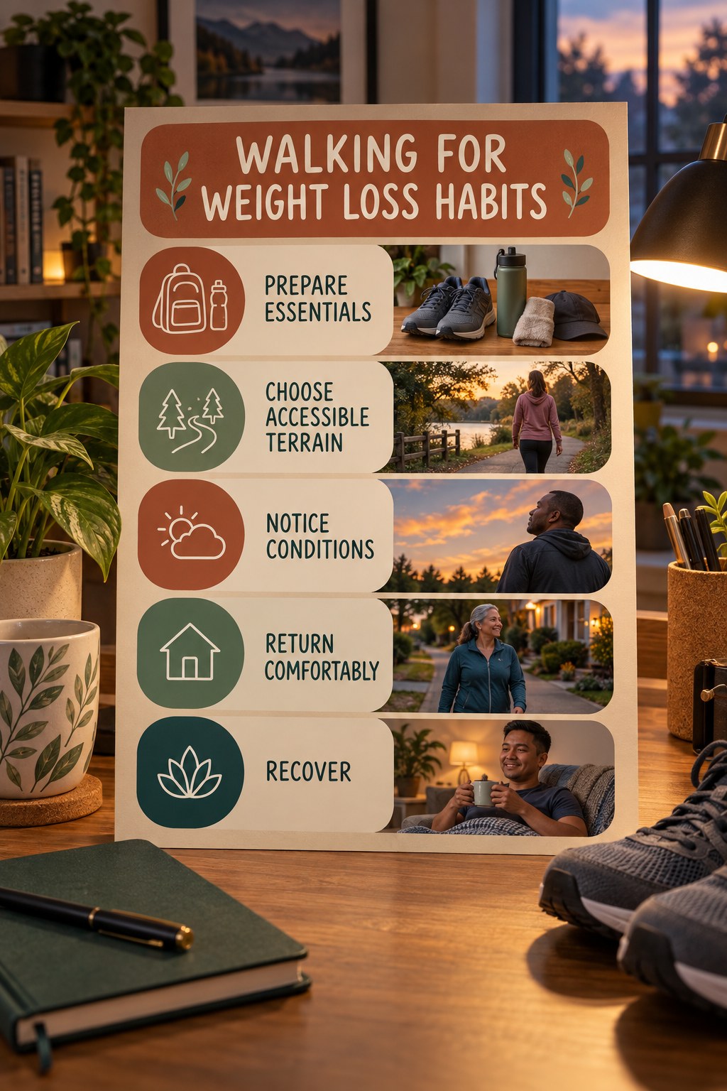 Outdoor Activity Habits for Walking for Weight Loss with five readable habit cues and a realistic board-relevant wellness scene.