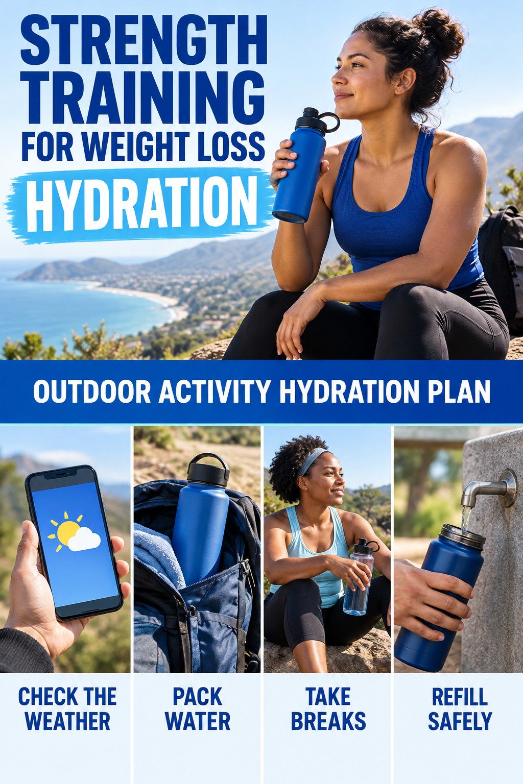 Strength Training for Weight Loss hydration graphic titled Outdoor Activity Hydration Plan with four flexible water-habit prompts and no fixed intake target.
