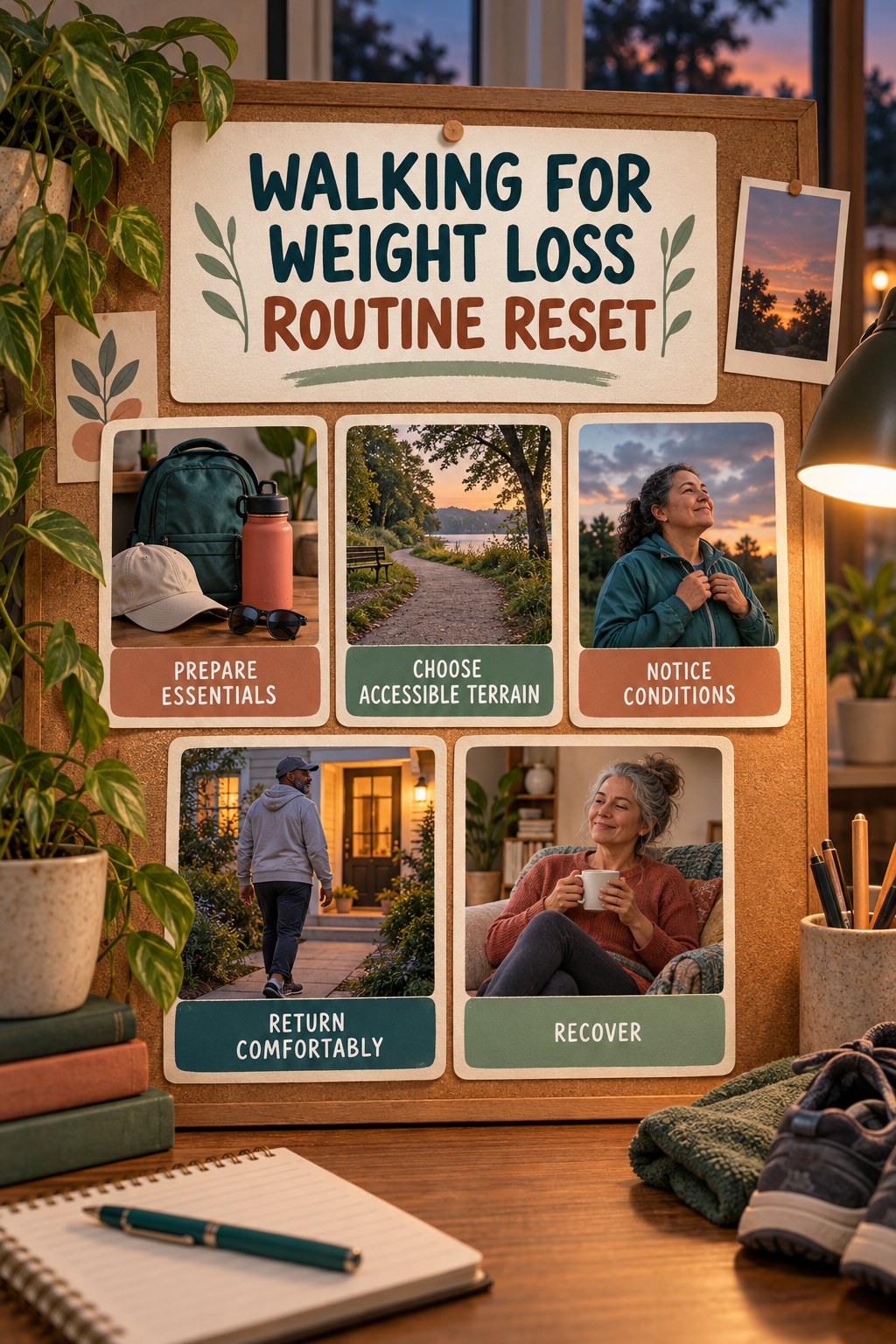 Outdoor Activity Reset for Walking for Weight Loss with five readable routine-reset cues and a realistic board-relevant wellness scene.