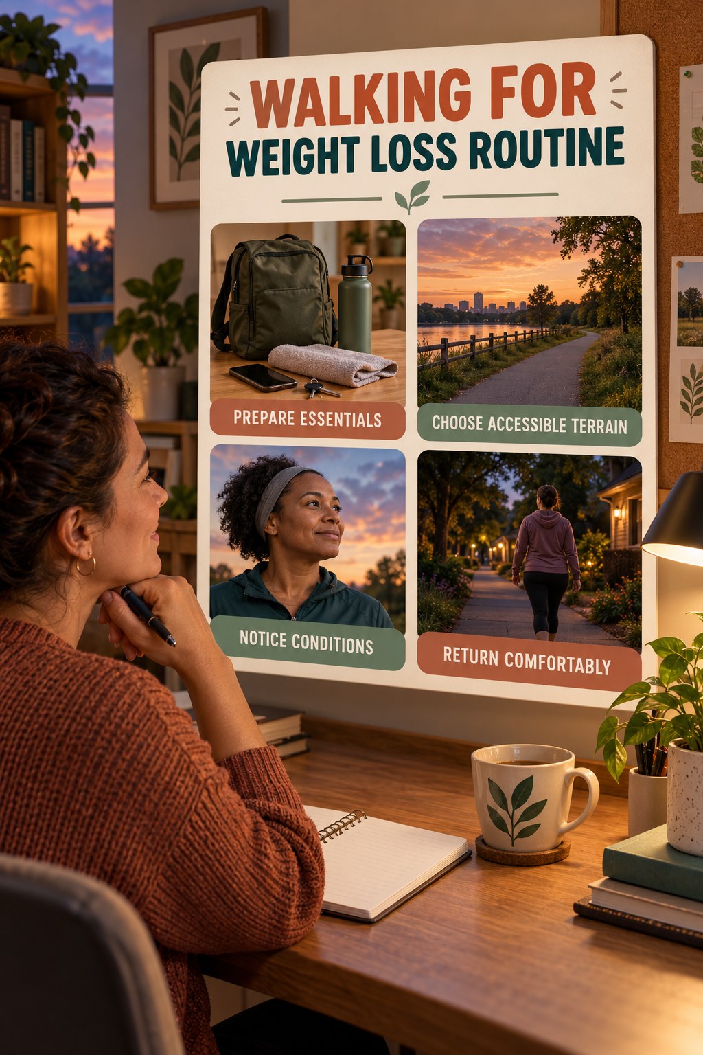 Outdoor Activity Wellness Routine for Walking for Weight Loss with four readable routine cues and a realistic board-relevant wellness scene.