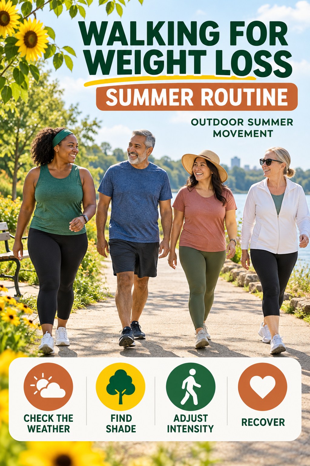 Walking for Weight Loss summer routine graphic titled Outdoor Summer Movement with four practical wellness prompts.