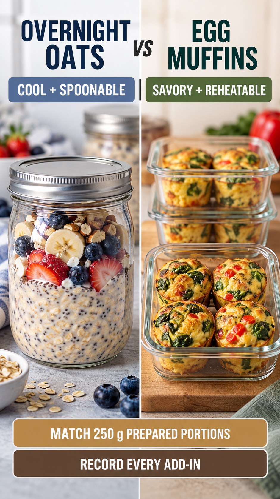Overnight oats in a covered jar and baked vegetable egg muffins in an equal prepared breakfast portion.