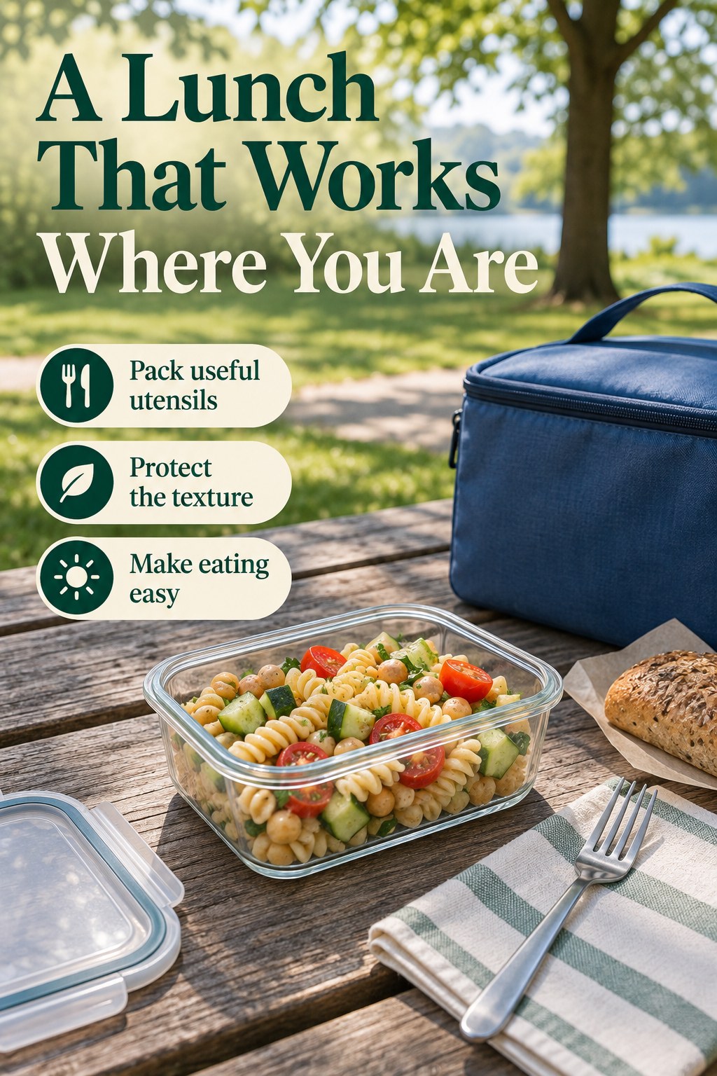 Packed chickpea pasta salad and bread on a park table with practical lunch preparation reminders.