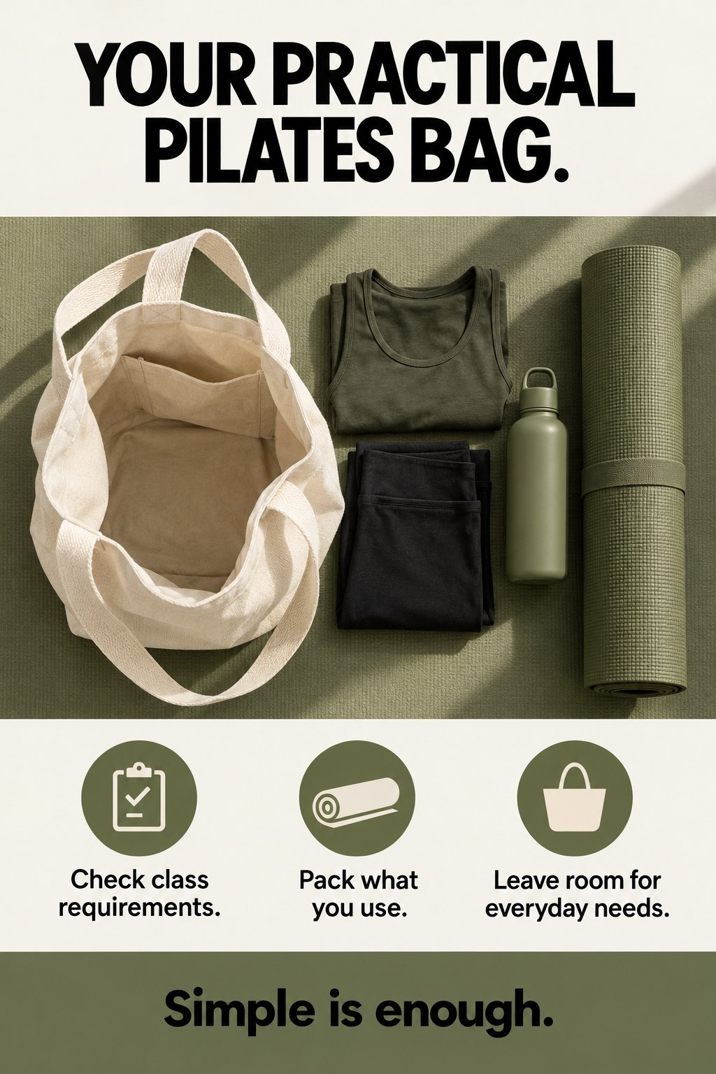 Open tote with folded exercise clothing and a water bottle beside a rolled mat.
