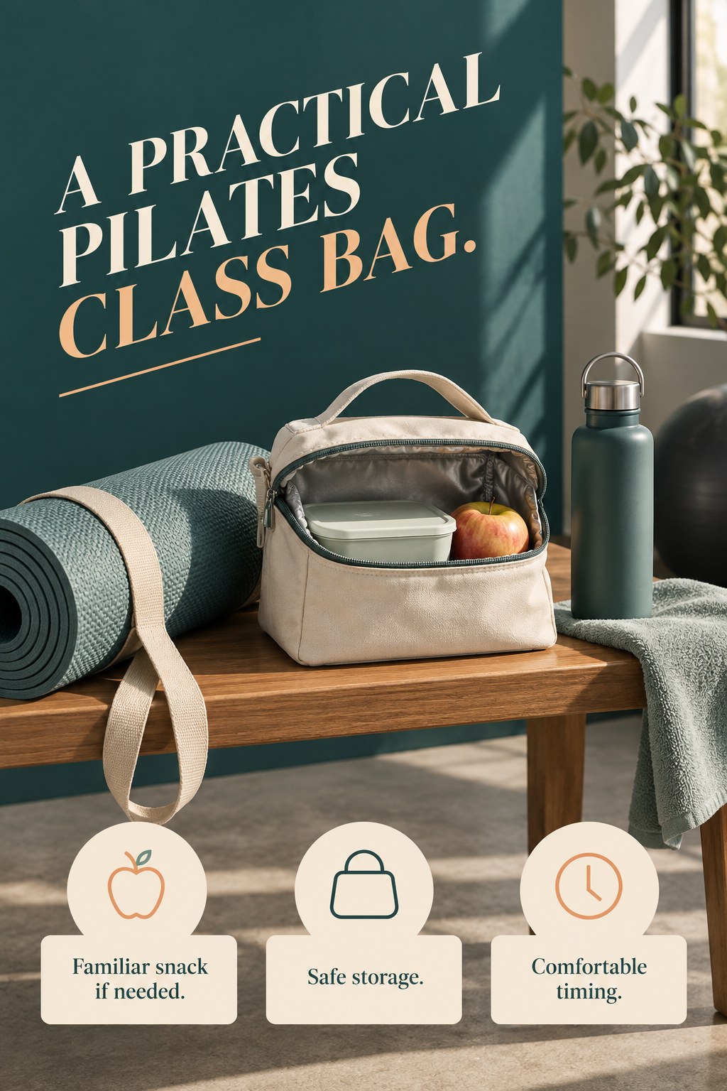 An insulated snack bag, apple, water bottle, and rolled Pilates mat are arranged for a class day.