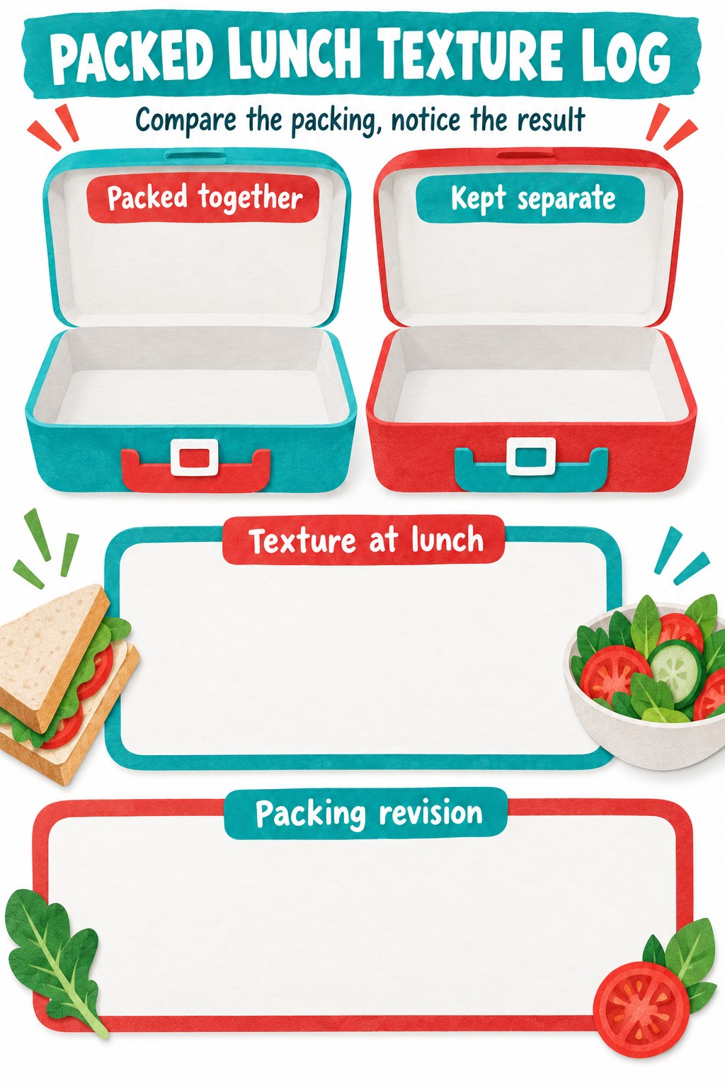 Blank packed lunch texture log with packed together, kept separate, texture at lunch, and packing revision spaces.