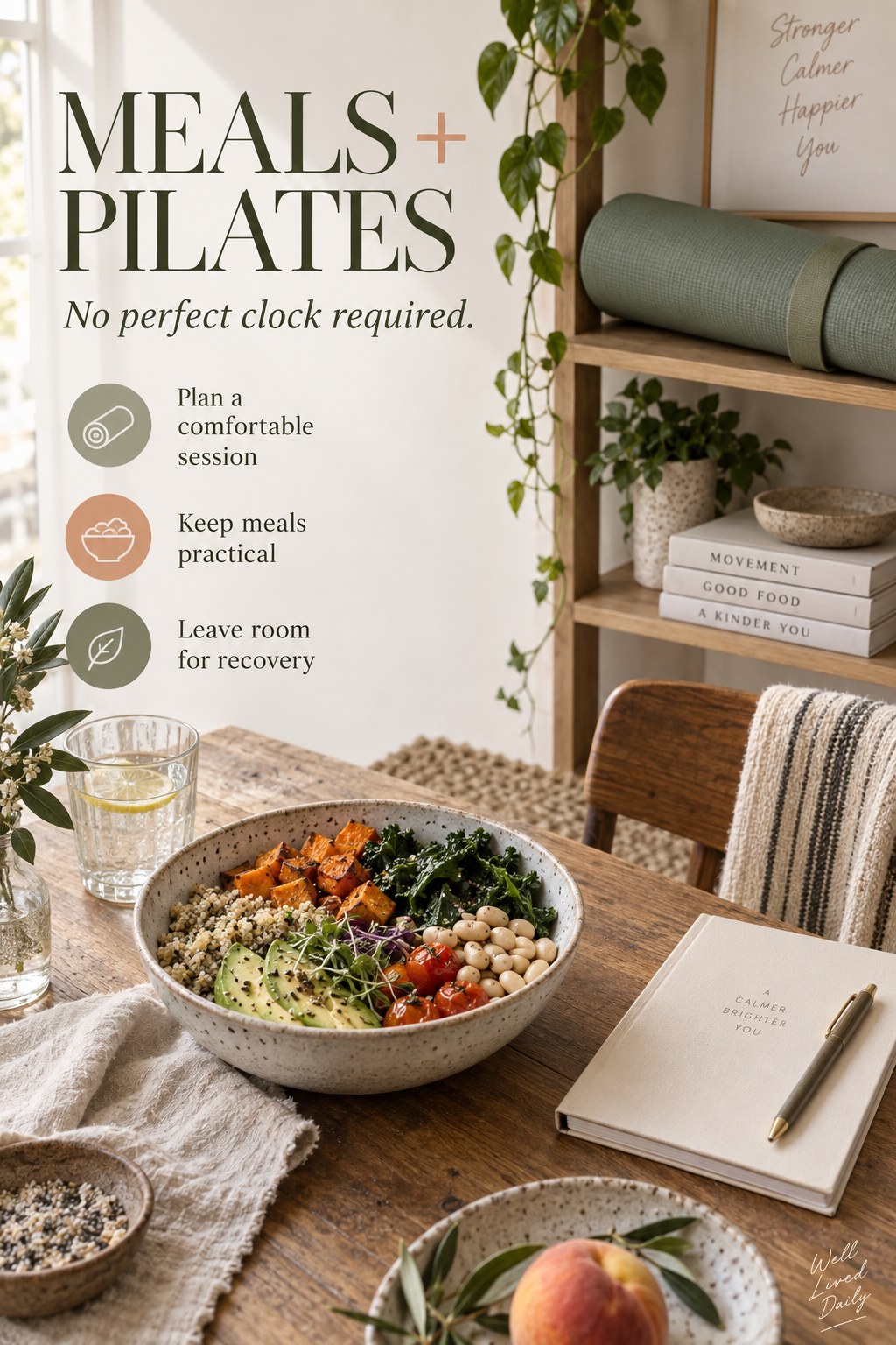 A simple meal, closed notebook, and rolled Pilates mat illustrate flexible meal and movement planning.