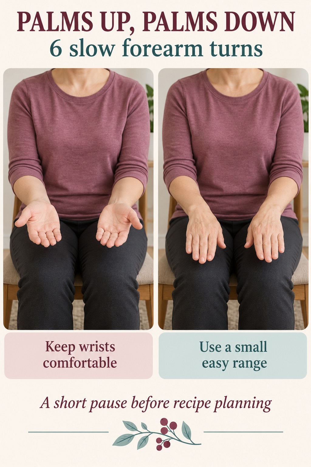 Two close-up photos show seated forearms turning from palms up to palms down beside simple berry and teal movement instructions.