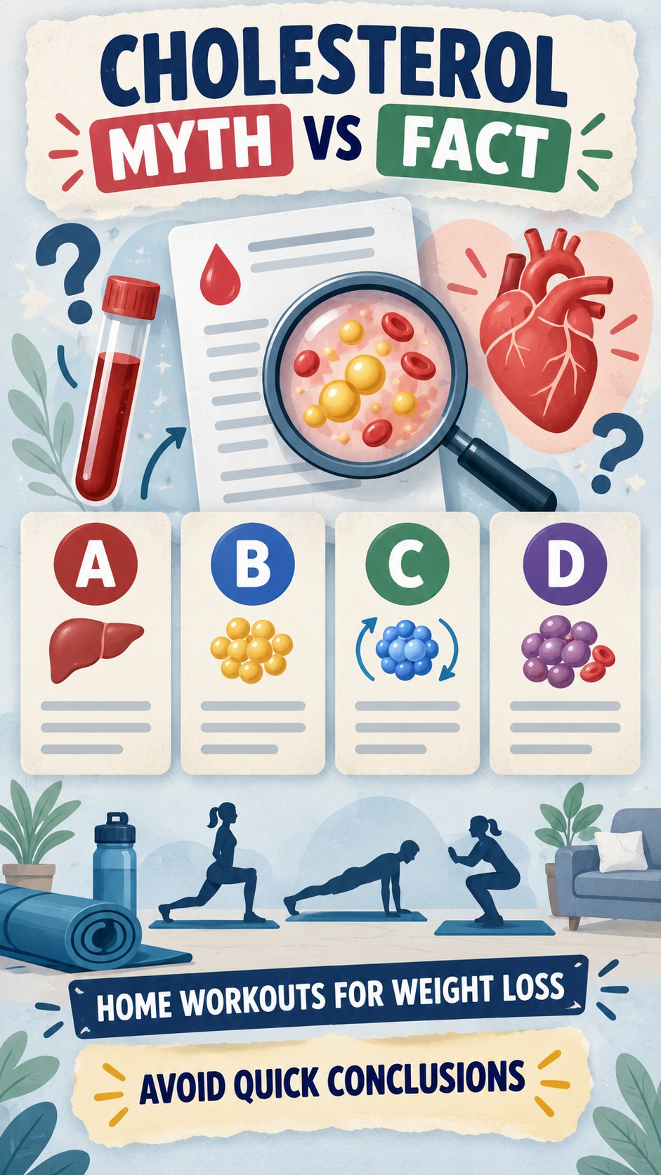 Cholesterol Myth Versus Fact infographic for Home Workouts for Weight Loss, using a non-numerical educational lipid-panel layout with question and context icons.