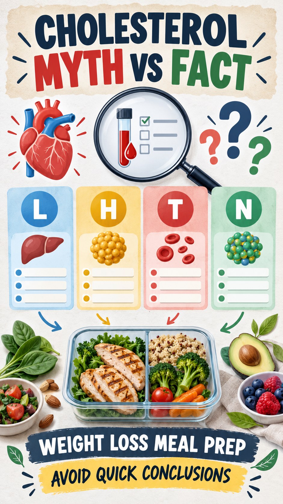 Cholesterol Myth Versus Fact infographic for Weight Loss Meal Prep, using a non-numerical educational lipid-panel layout with question and context icons.