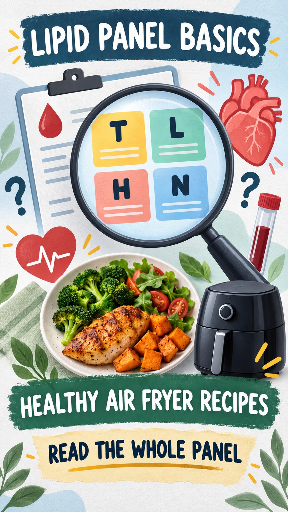 Lipid Panel Basics infographic for Healthy Air Fryer Recipes, using a non-numerical educational lipid-panel layout with question and context icons.