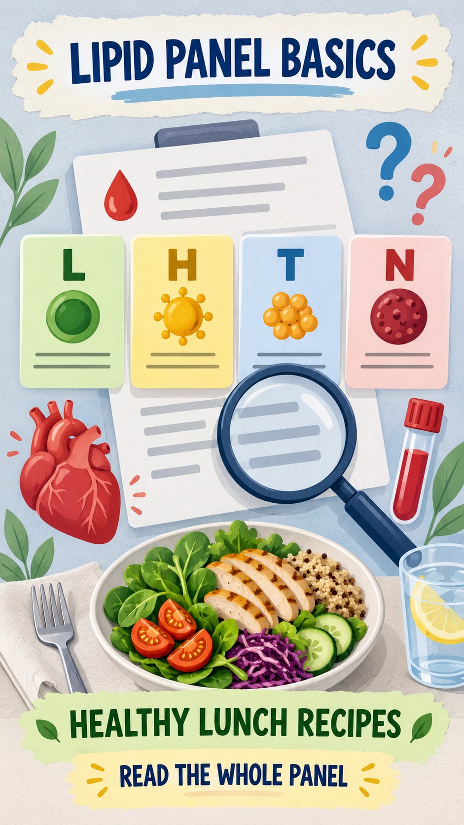 Lipid Panel Basics infographic for Healthy Lunch Recipes, using a non-numerical educational lipid-panel layout with question and context icons.