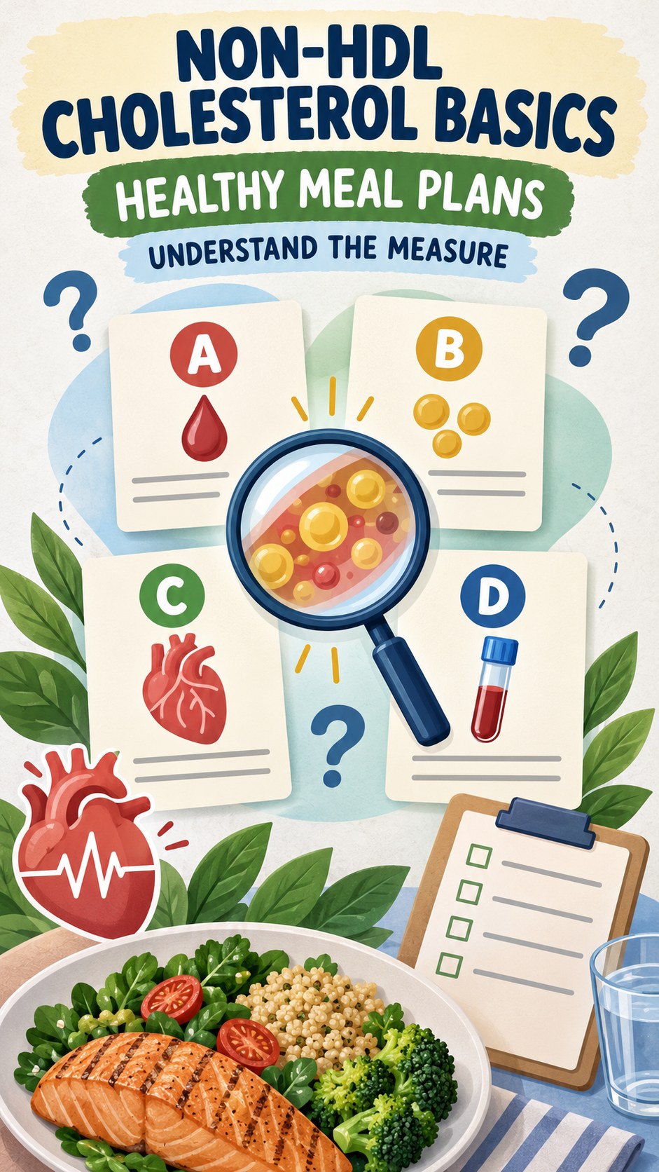 Non-HDL Cholesterol Basics infographic for Healthy Meal Plans, using a non-numerical educational lipid-panel layout with question and context icons.