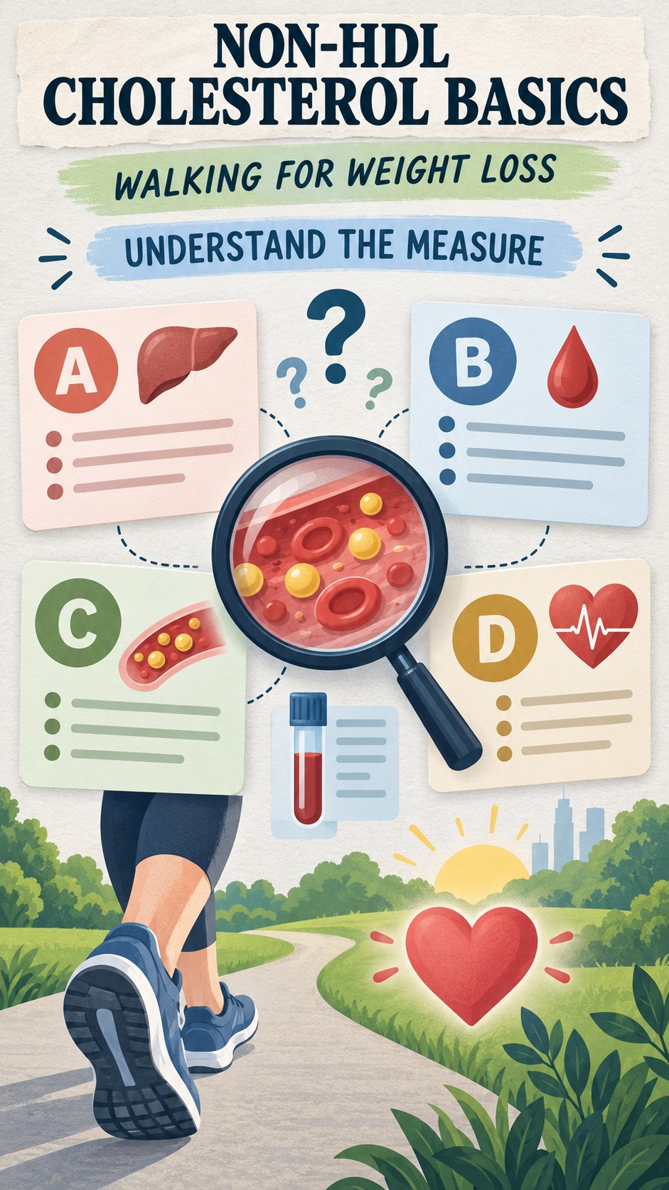 Non-HDL Cholesterol Basics infographic for Walking for Weight Loss, using a non-numerical educational lipid-panel layout with question and context icons.