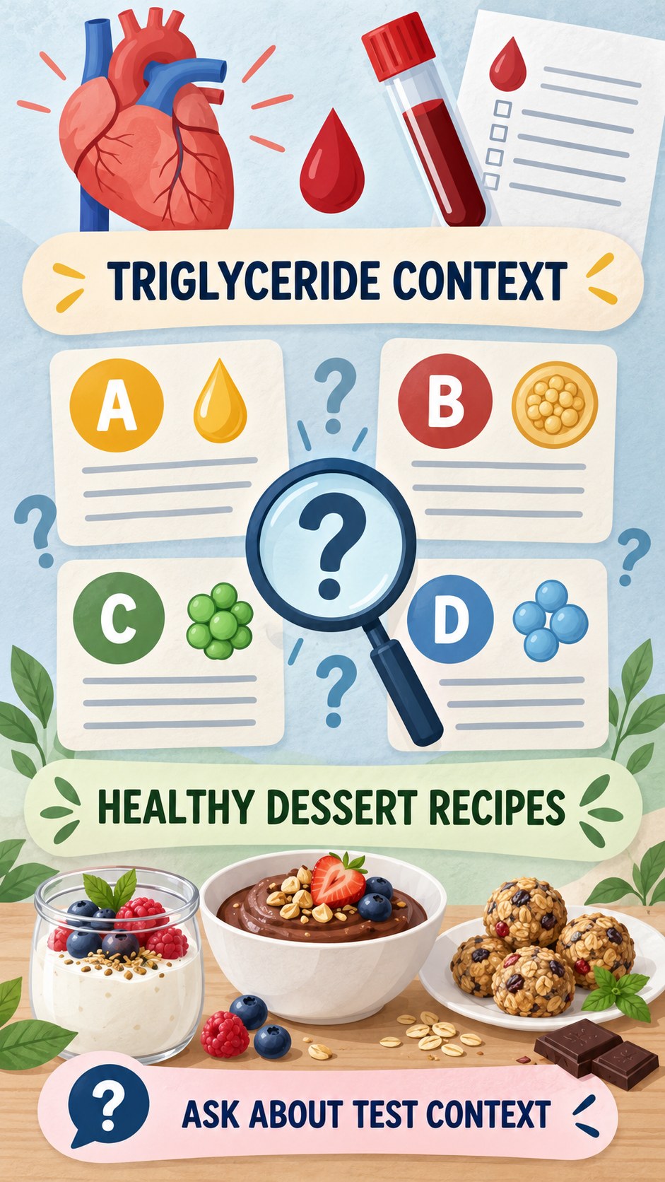 Triglyceride Context Checklist infographic for Healthy Dessert Recipes, using a non-numerical educational lipid-panel layout with question and context icons.