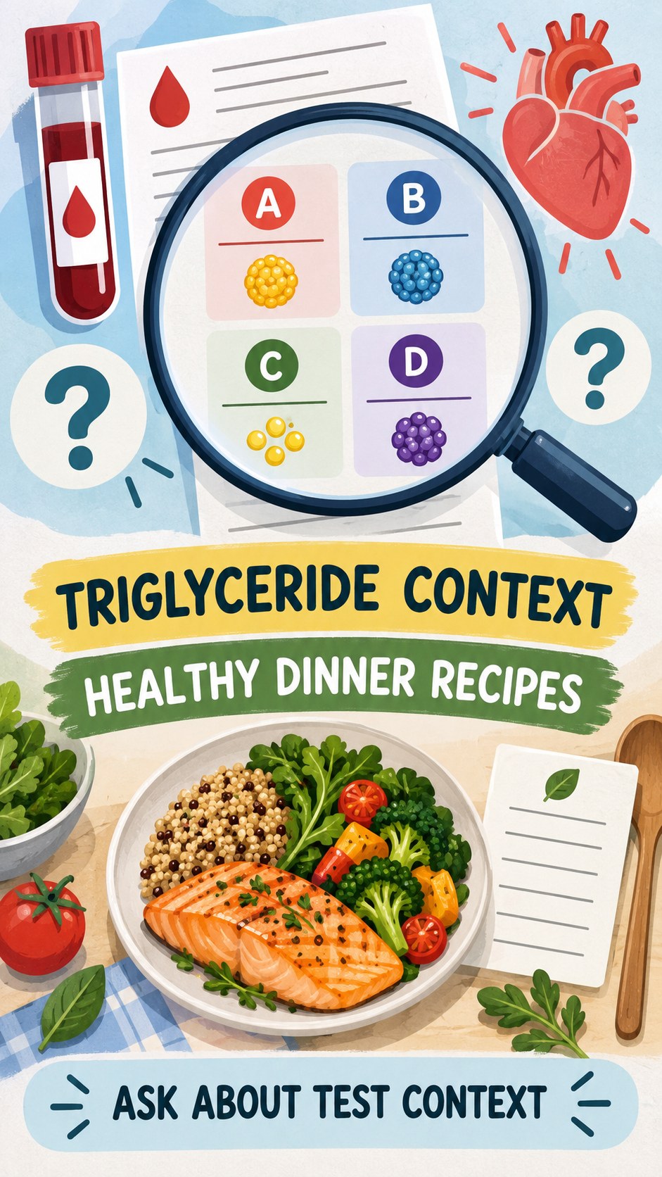Triglyceride Context Checklist infographic for Healthy Dinner Recipes, using a non-numerical educational lipid-panel layout with question and context icons.