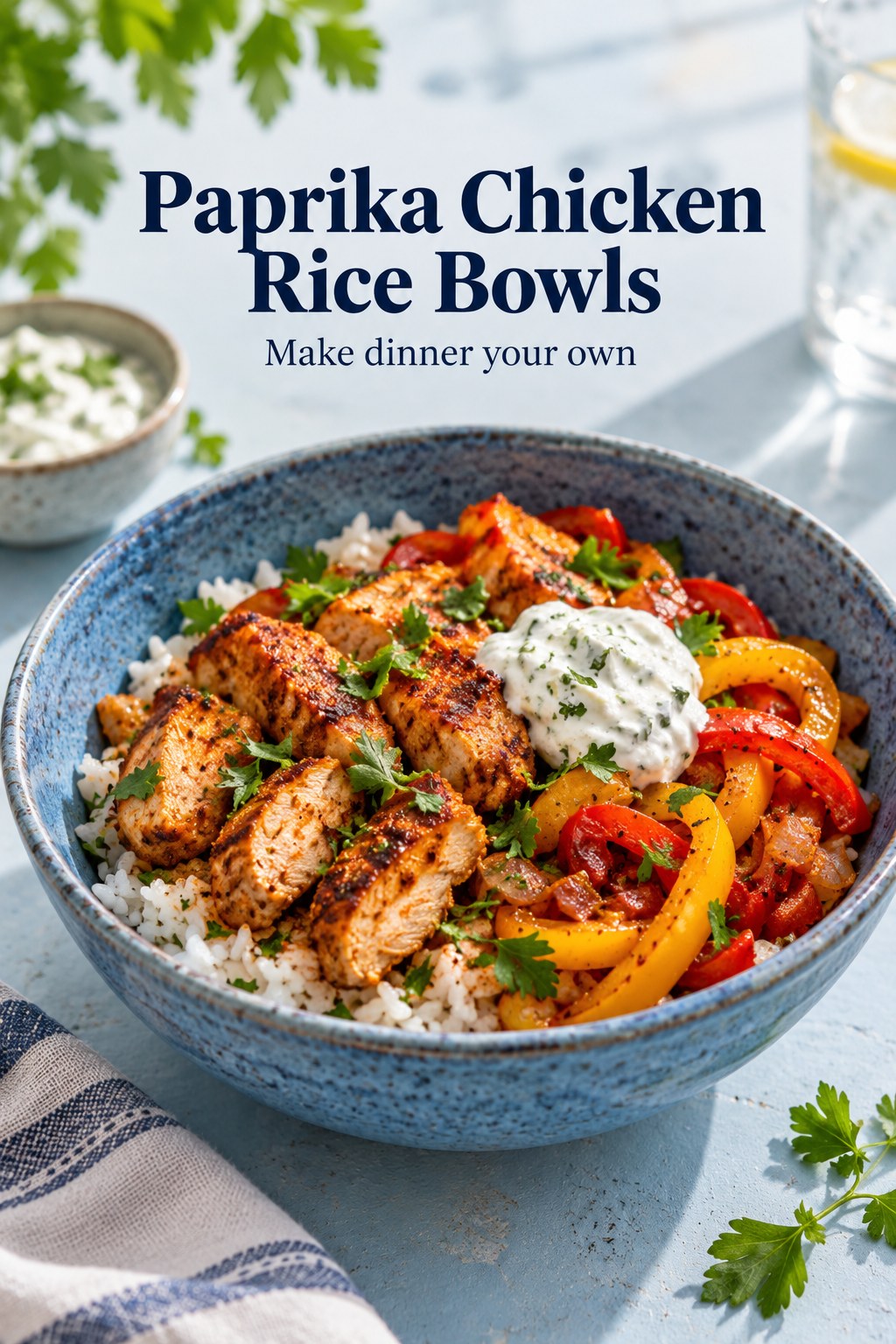 Paprika chicken pieces with rice, peppers and yogurt sauce in a blue bowl