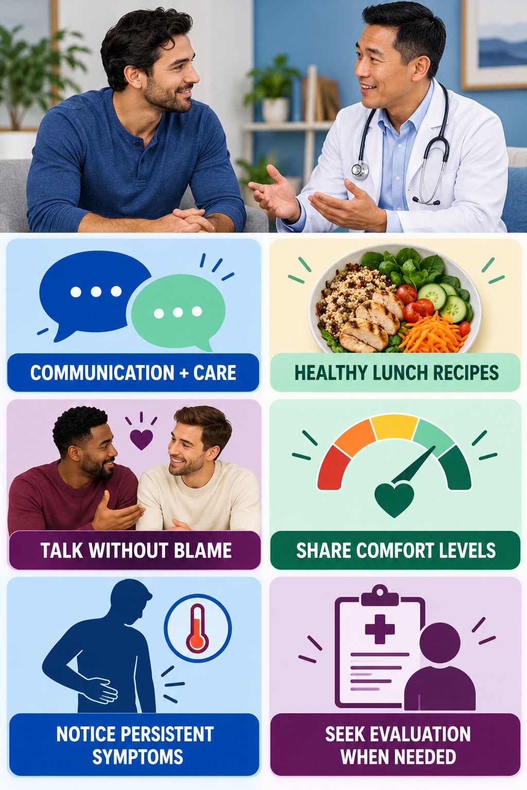 Partner Communication Cannot Replace Medical Care infographic for Healthy Lunch Recipes with four concise, non-shaming sexual-health education points.