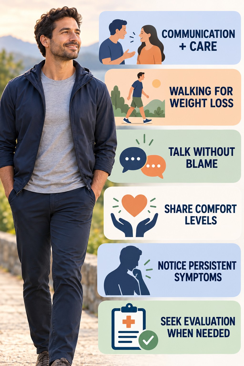 Partner Communication Cannot Replace Medical Care infographic for Walking for Weight Loss with four concise, non-shaming sexual-health education points.