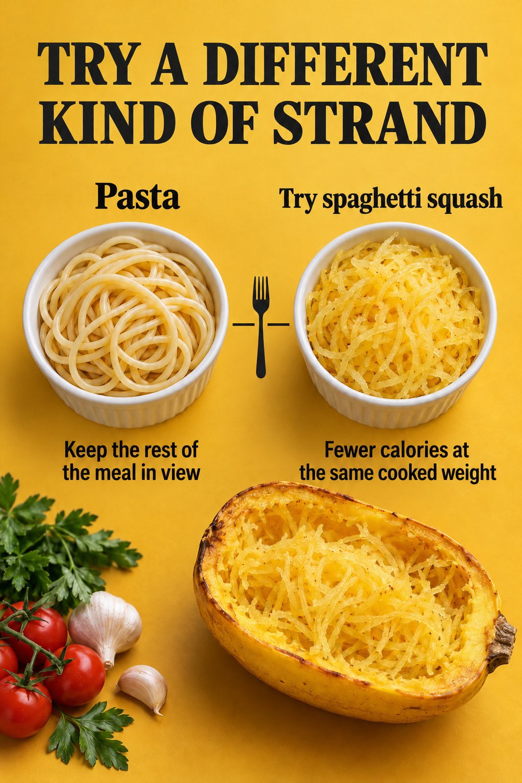 Golden poster compares pasta and spaghetti squash with the fewer-calories callout beneath the squash bowl.