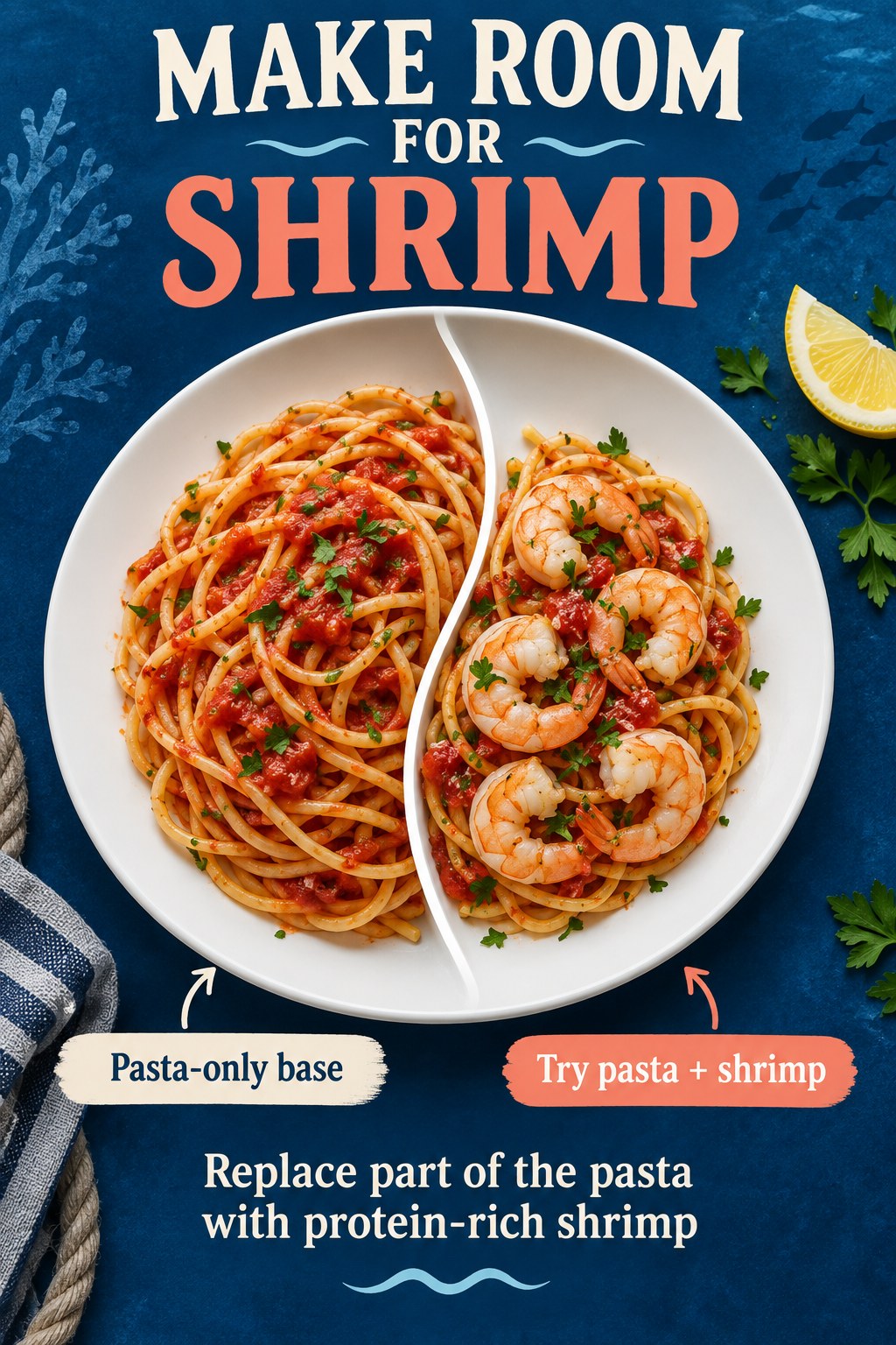 Ocean-blue poster shows tomato pasta changing to a pasta-and-shrimp mixture on a curved divided plate.