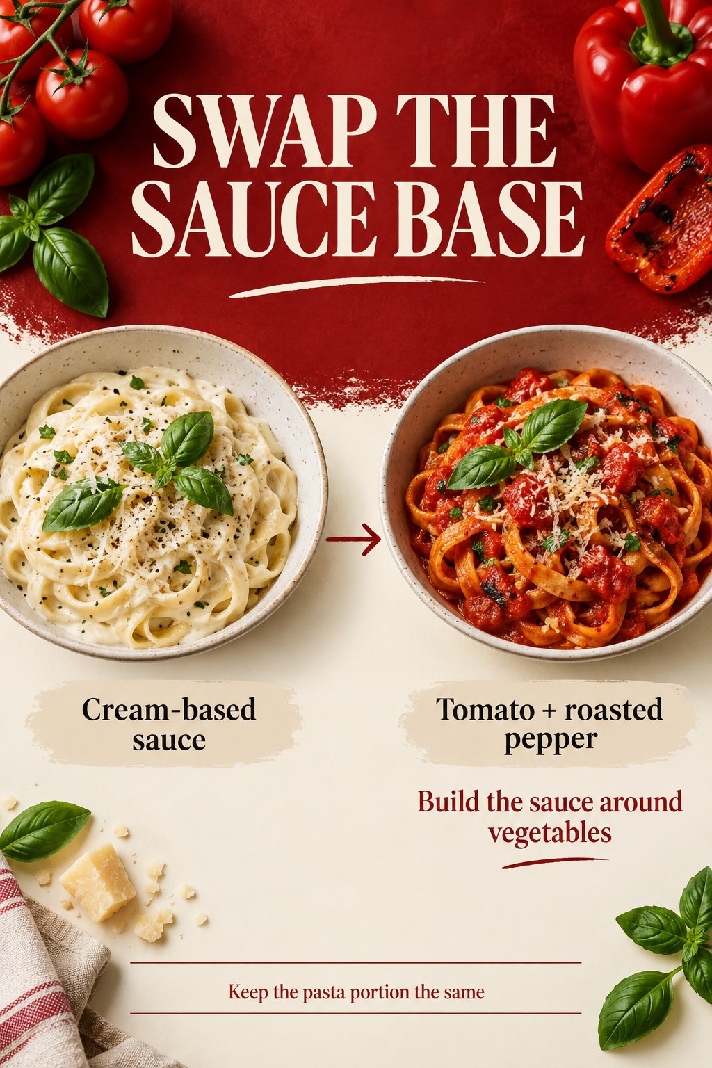Cream-sauce pasta beside tomato and roasted pepper pasta with a vegetable-based sauce comparison in red and cream.