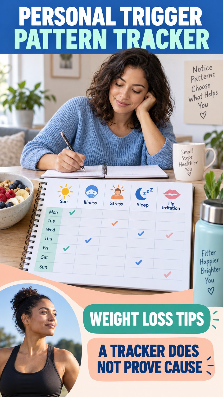 Personal Trigger Pattern Tracker infographic for Weight Loss Tips, explaining that possible cold-sore triggers vary by person.