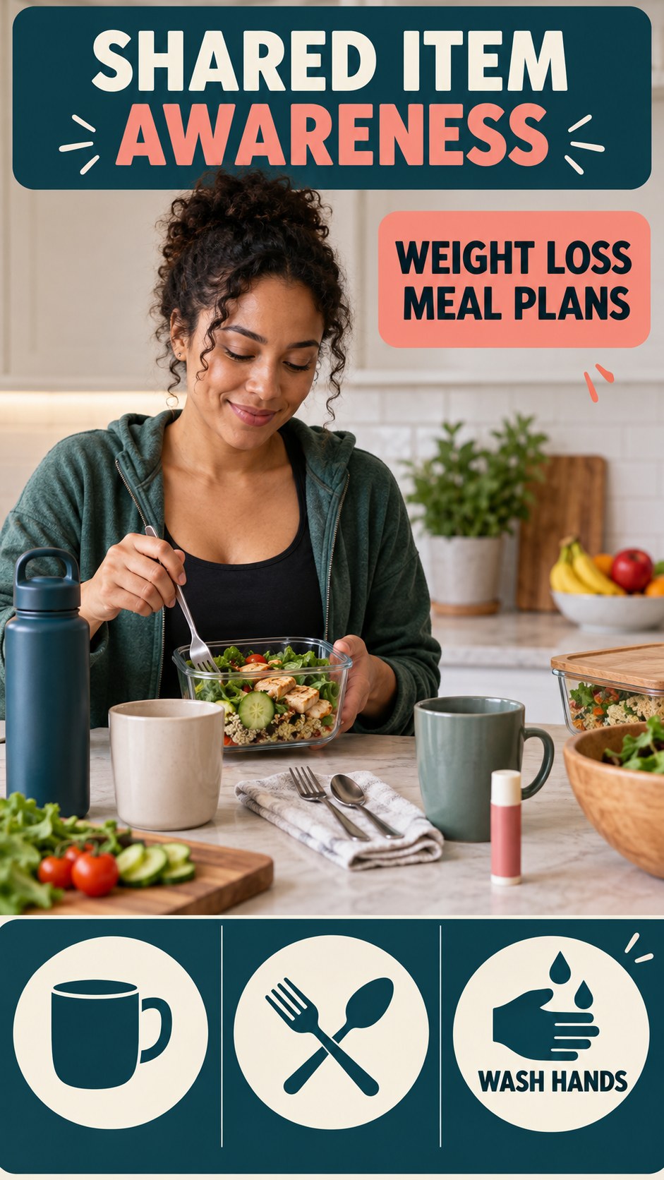 Shared Item Awareness infographic for Weight Loss Meal Plans, explaining that possible cold-sore triggers vary by person.