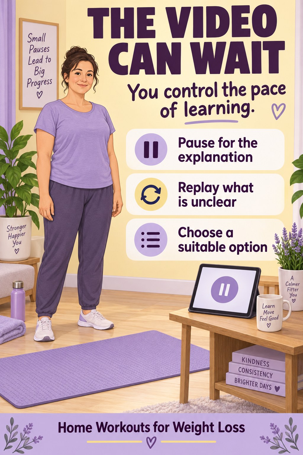Adult standing comfortably beside an exercise mat and a tablet showing a large pause symbol