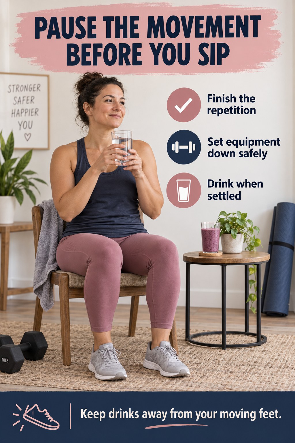 Woman sits with water beside a smoothie on a side table and a guide to pausing exercise before drinking.