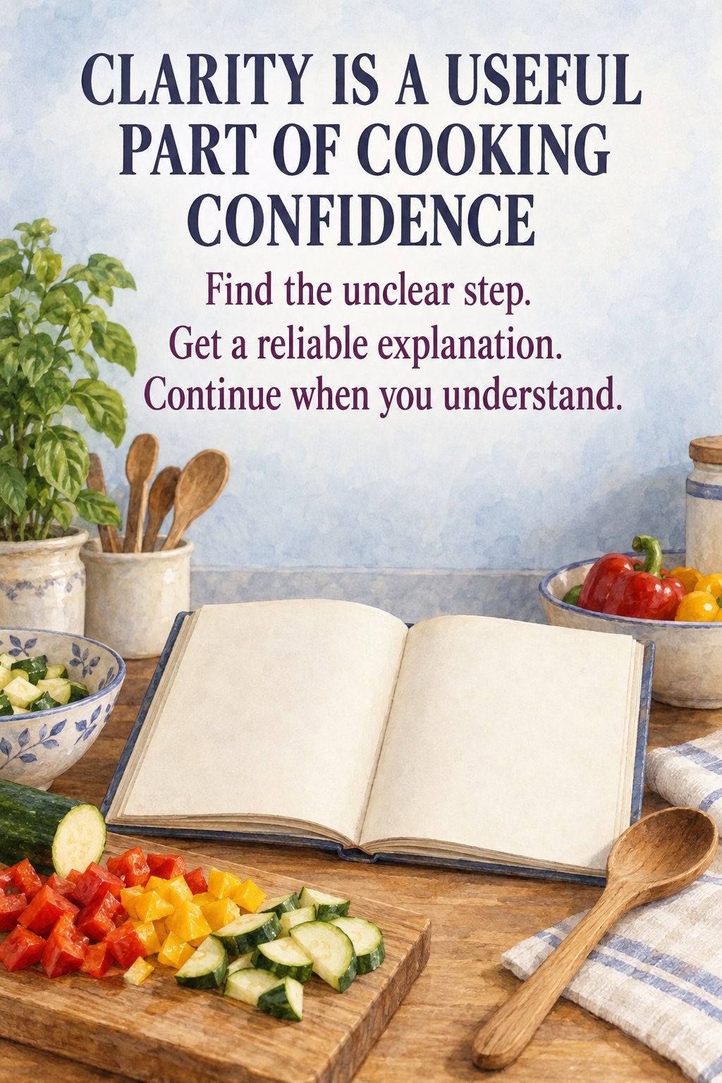 Open recipe book beside a resting spoon and prepared vegetables with a message about cooking confidence through clarity.