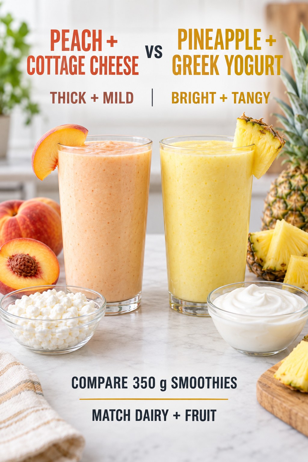 Peach cottage cheese smoothie and pineapple Greek yogurt smoothie in equal peach and yellow portions with fruit beside each glass.
