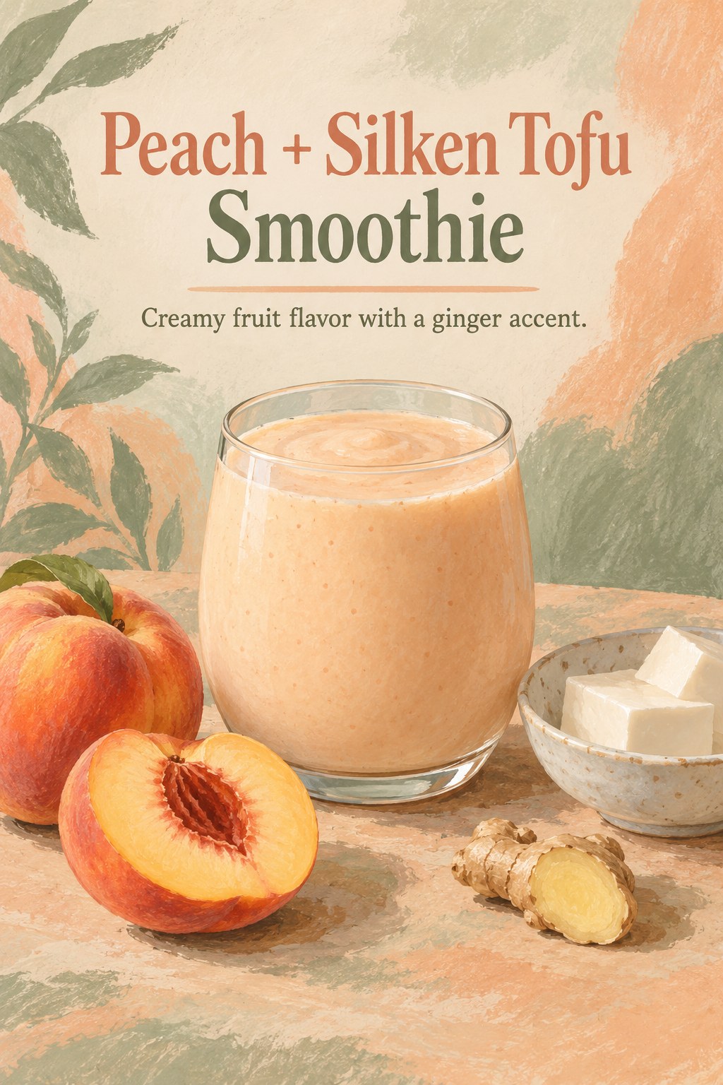 Pale peach smoothie in a short glass beside peach slices, ginger, and silken tofu.