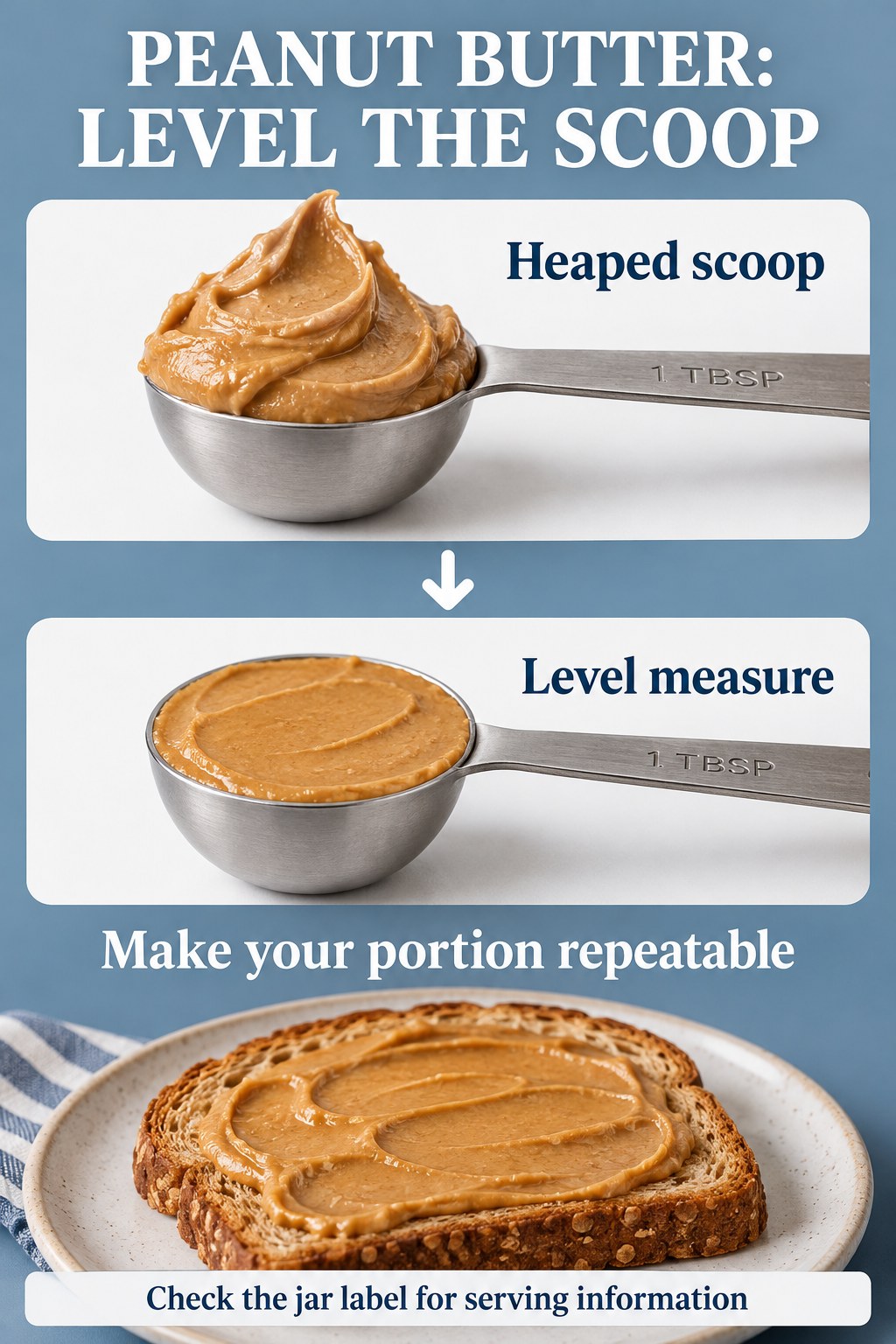 A heaped measuring tablespoon of peanut butter compared with a level tablespoon above peanut butter toast.