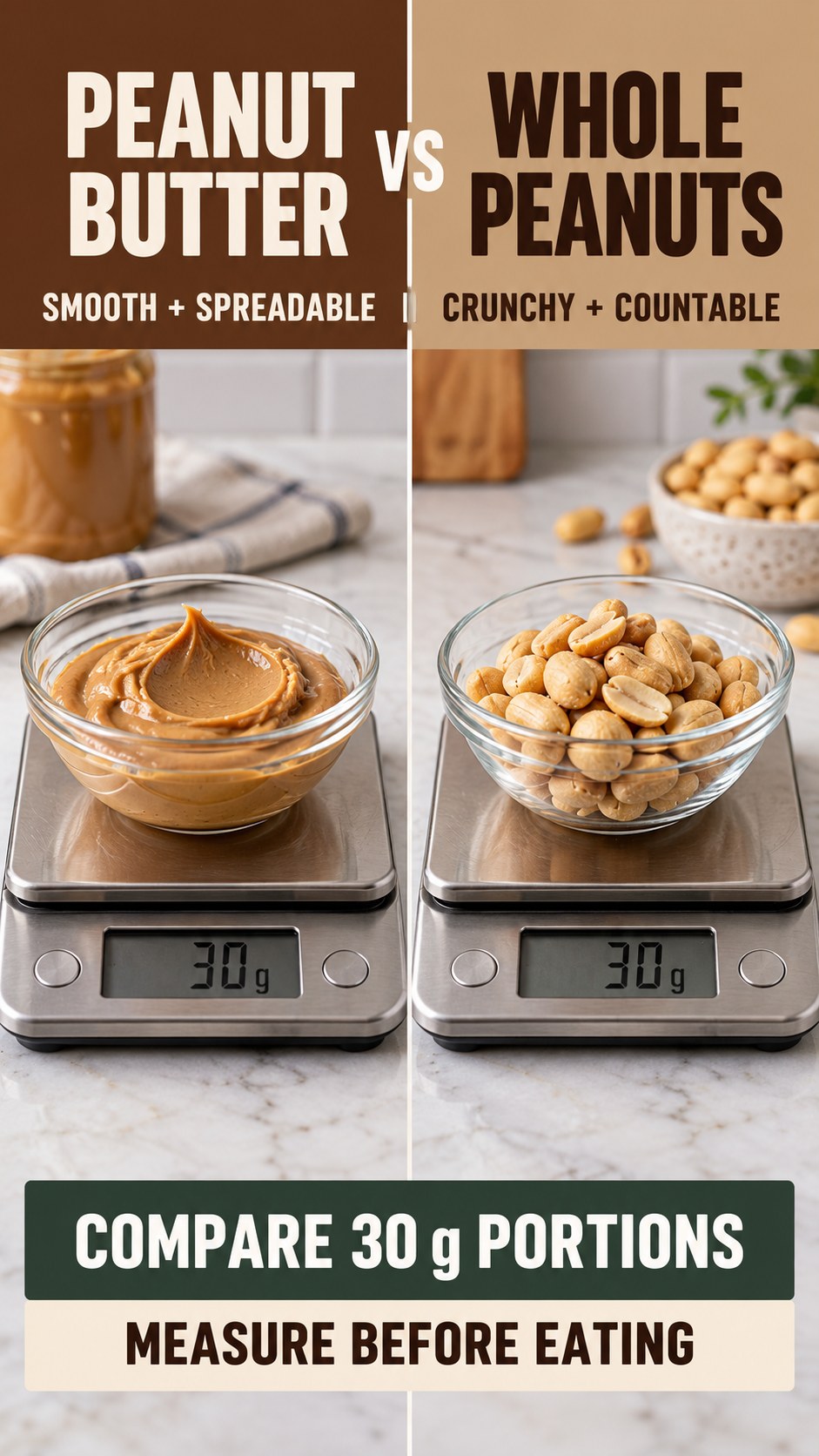 Plain peanut butter and shelled whole peanuts in equal 30 g portions for portion planning.