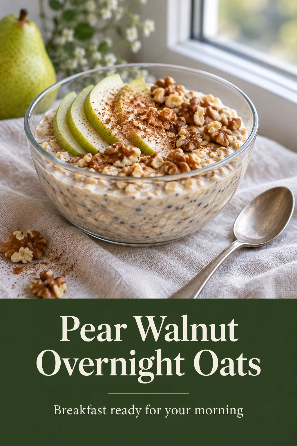 Overnight oats with sliced pear, walnuts, and cinnamon in a glass bowl.