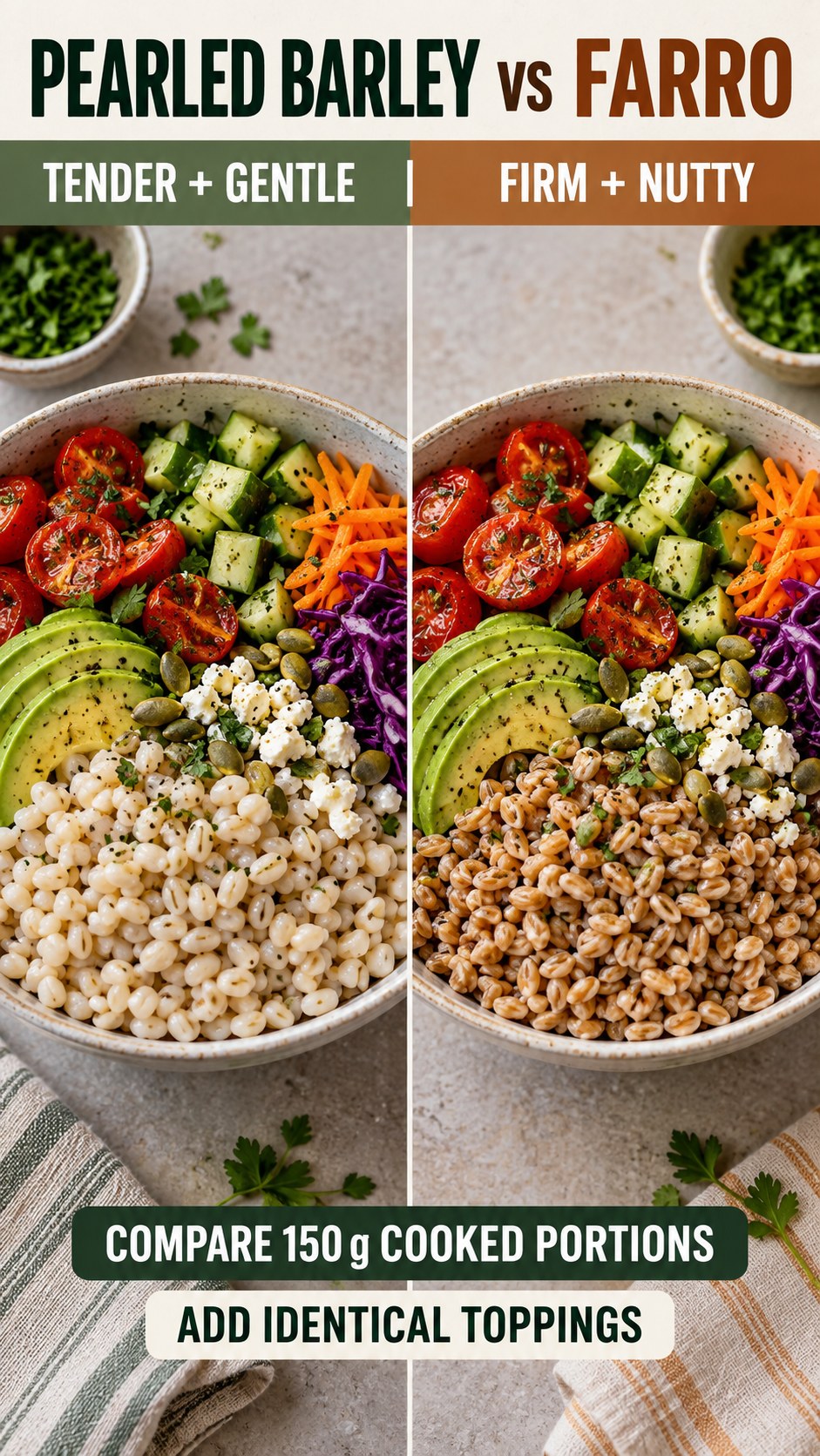Pearled barley and farro in equal cooked portions with matching vegetables for make-ahead grain bowls.