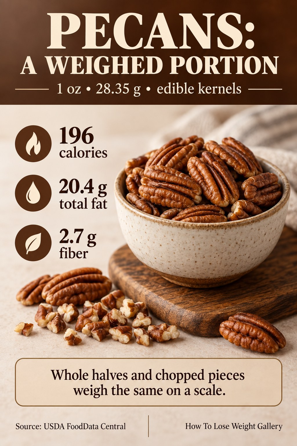 Pecan nutrition card showing 196 calories, 20.4 grams total fat, and 2.7 grams fiber per 28.35 grams of kernels.