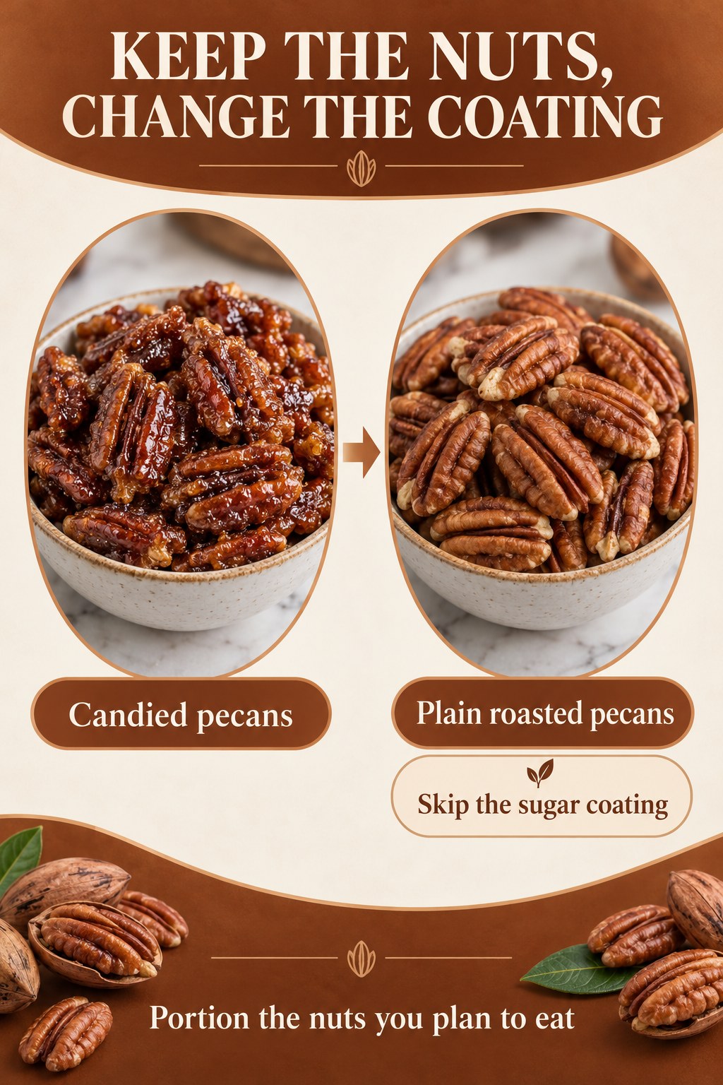 Candied pecans compared with plain roasted pecans in copper-framed oval panels with a sugar-coating reminder.