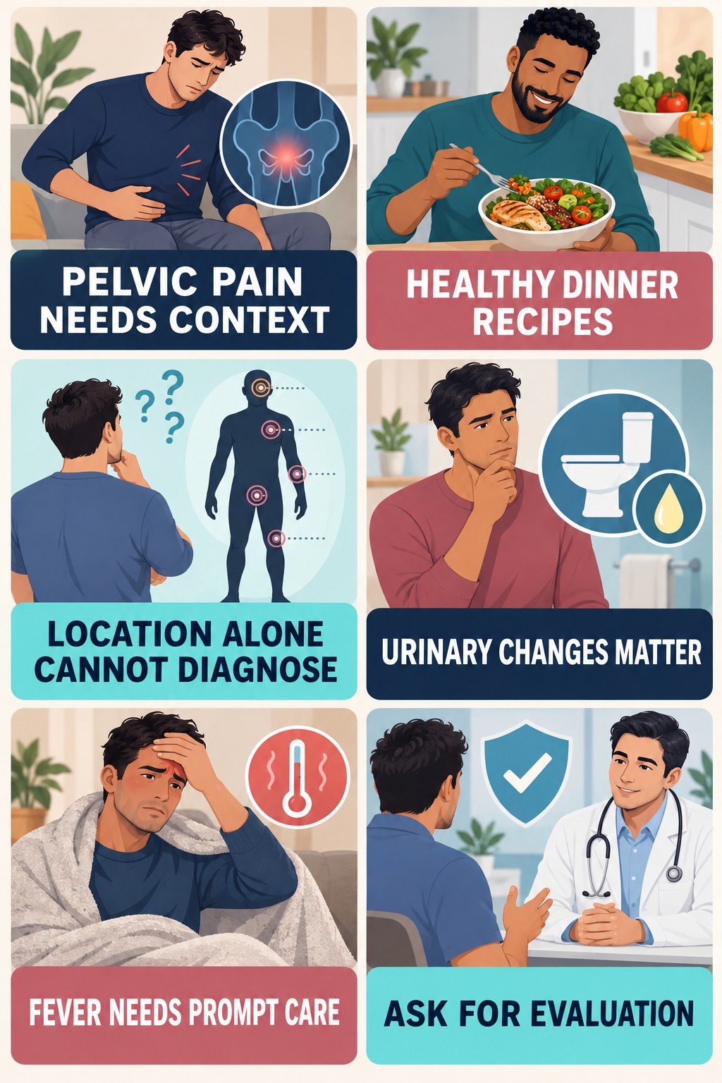 Pelvic Symptoms Need More Than an Online Checklist infographic for Healthy Dinner Recipes with four concise, non-shaming sexual-health education points.