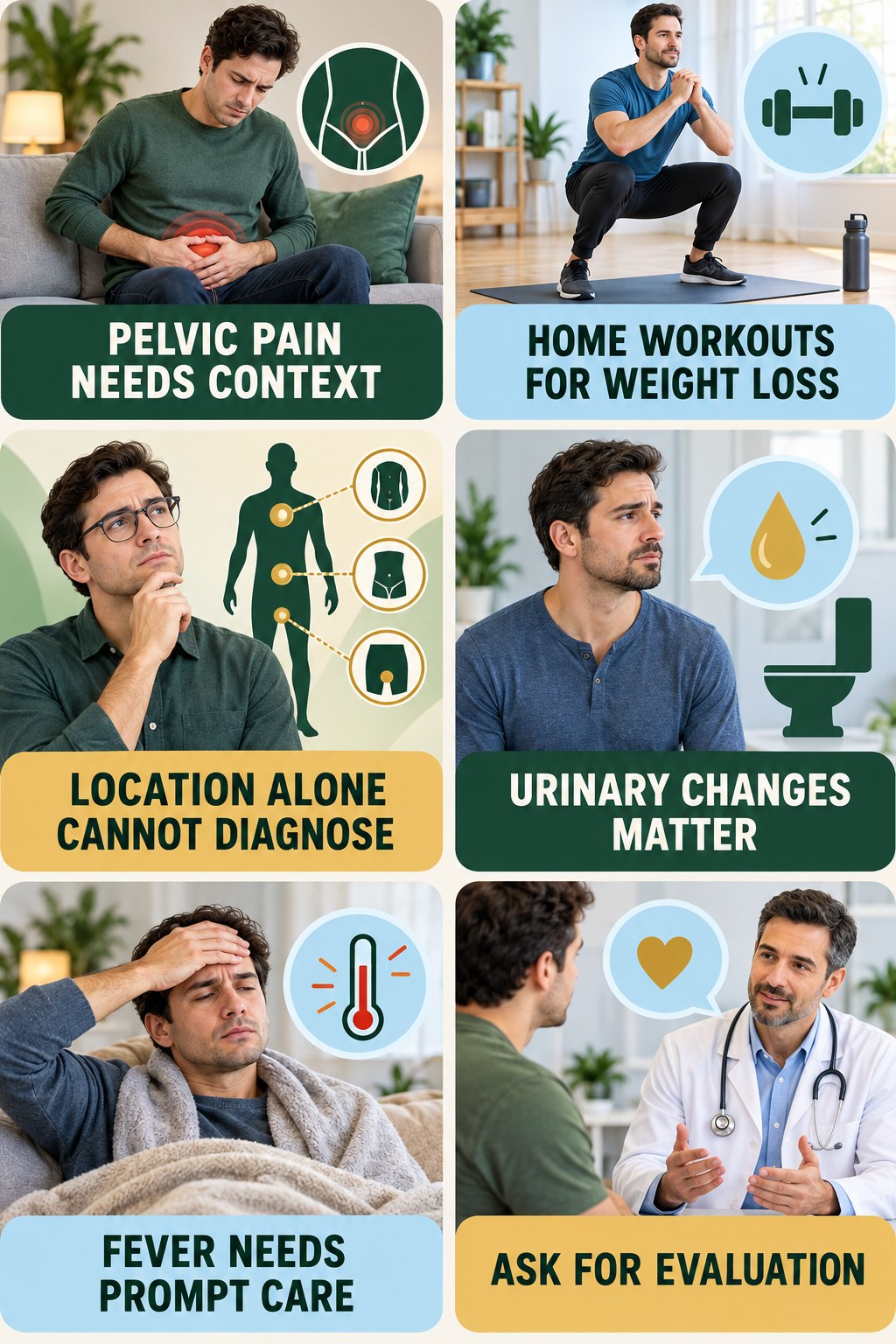 Pelvic Symptoms Need More Than an Online Checklist infographic for Home Workouts for Weight Loss with four concise, non-shaming sexual-health education points.