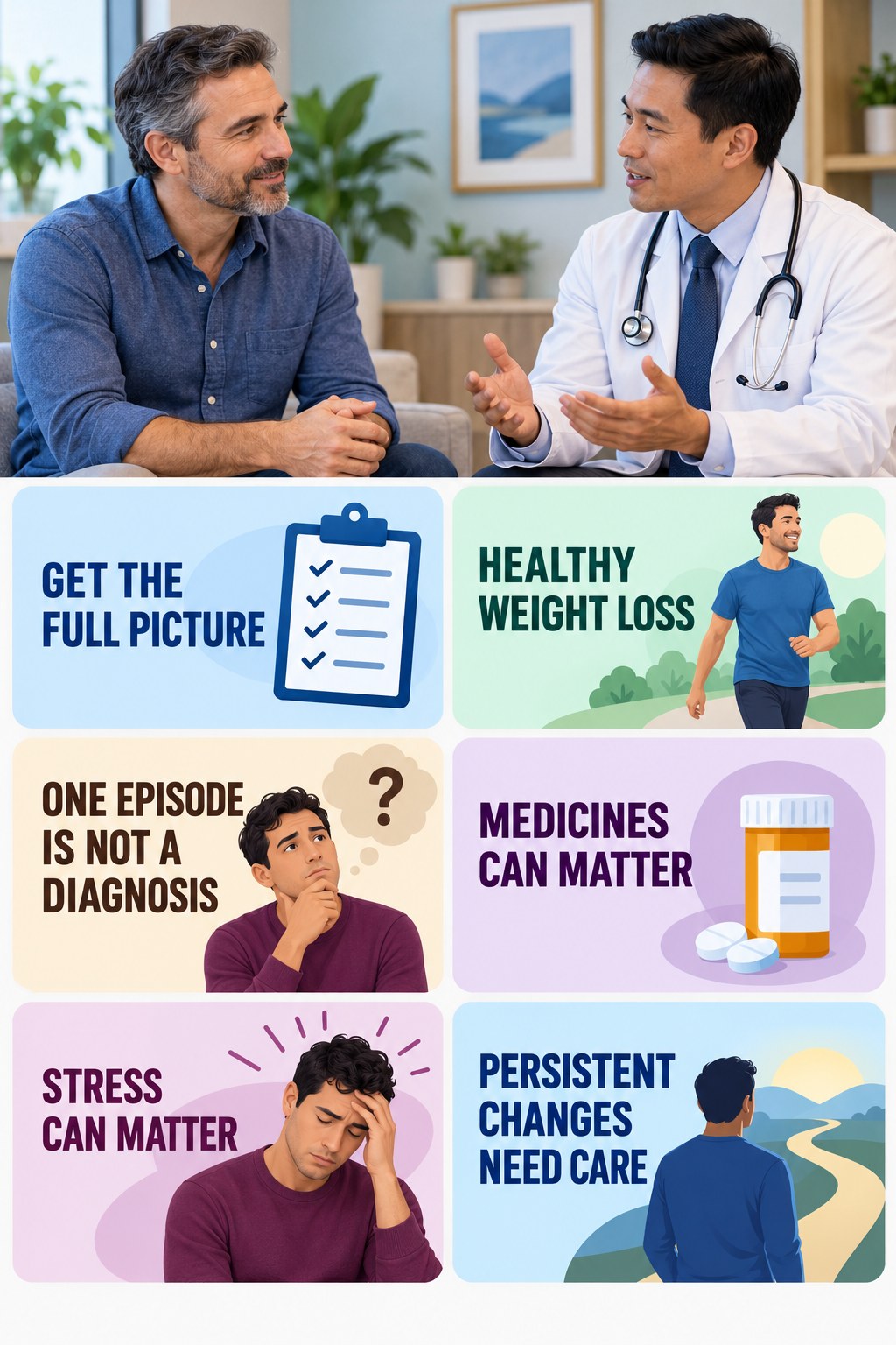 Persistent Erectile Changes Deserve Context infographic for Healthy Weight Loss with four concise, non-shaming sexual-health education points.