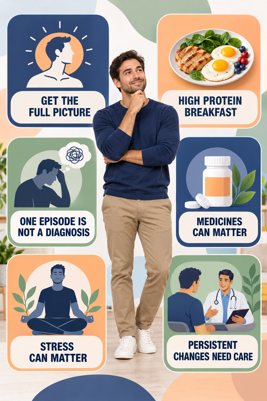 Persistent Erectile Changes Deserve Context infographic for High Protein Breakfast with four concise, non-shaming sexual-health education points.