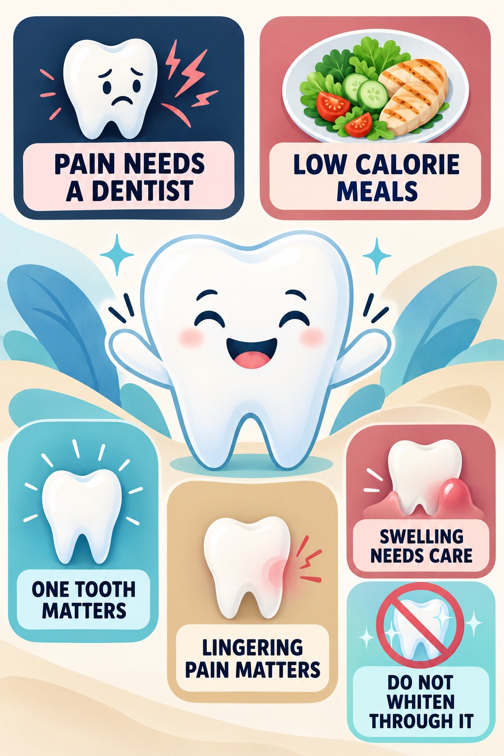 Persistent Tooth Pain Needs Dental Evaluation infographic for Low Calorie Meals with four concise whitening-sensitivity safety points.