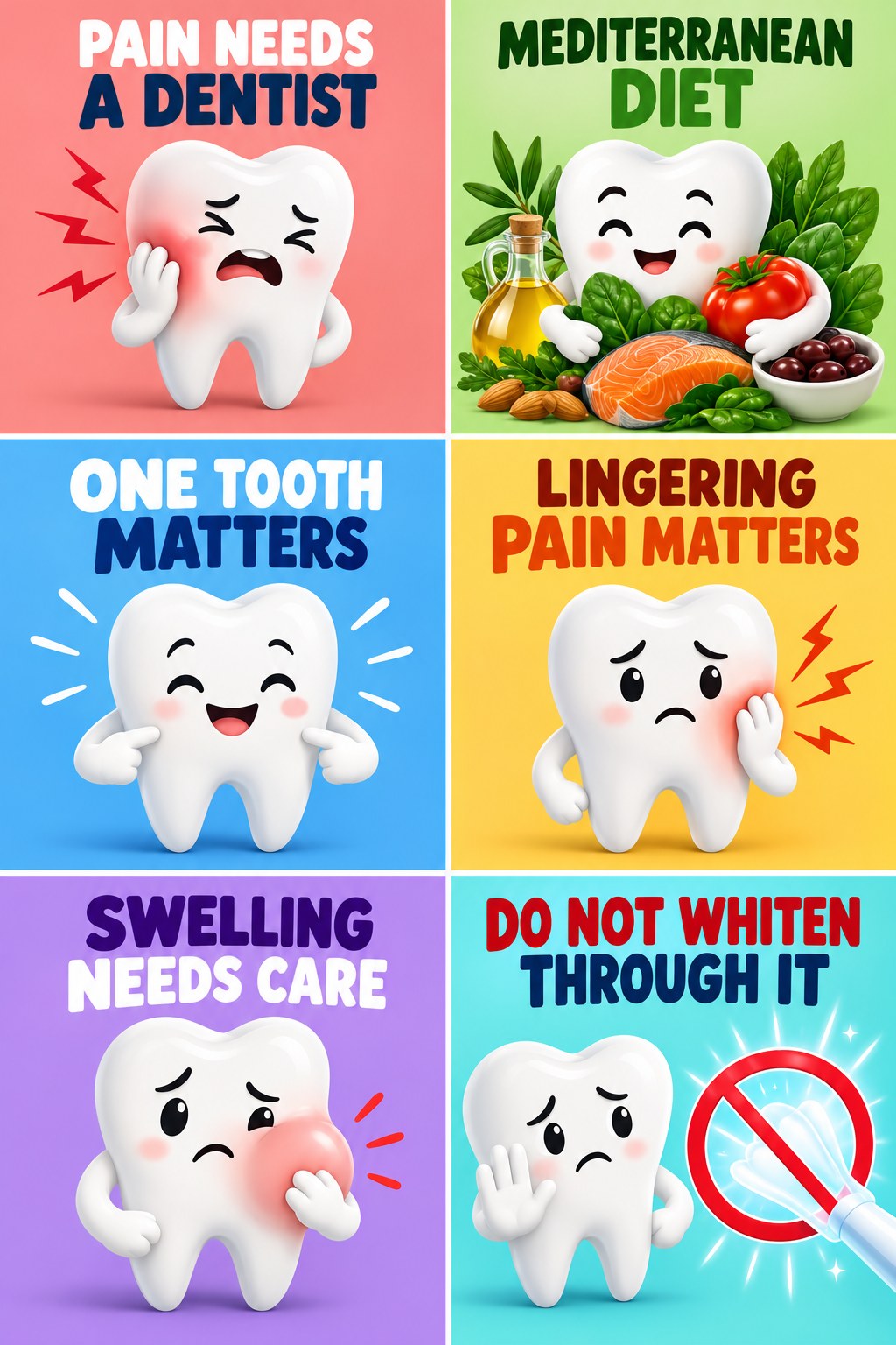 Persistent Tooth Pain Needs Dental Evaluation infographic for Mediterranean Diet with four concise whitening-sensitivity safety points.