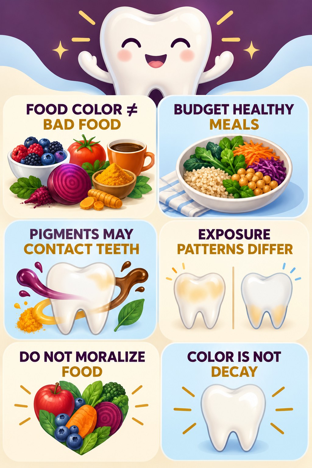Pigmented Foods Without Food Fear infographic for Budget Healthy Meals with four concise tooth-discoloration safety points.